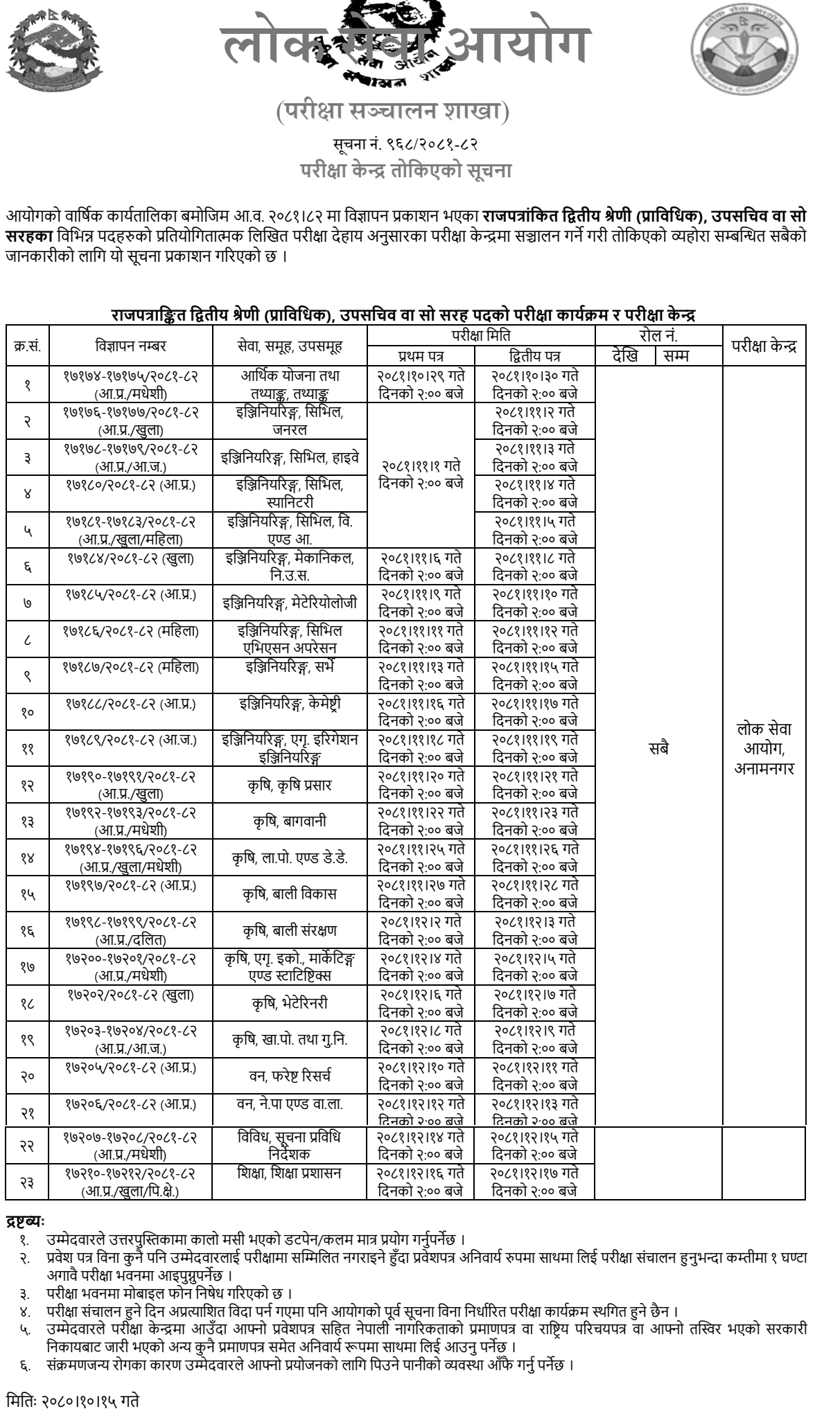 Lok Sewa Aayog Prabidhik Upa Sachiv Exam Centers 2081 