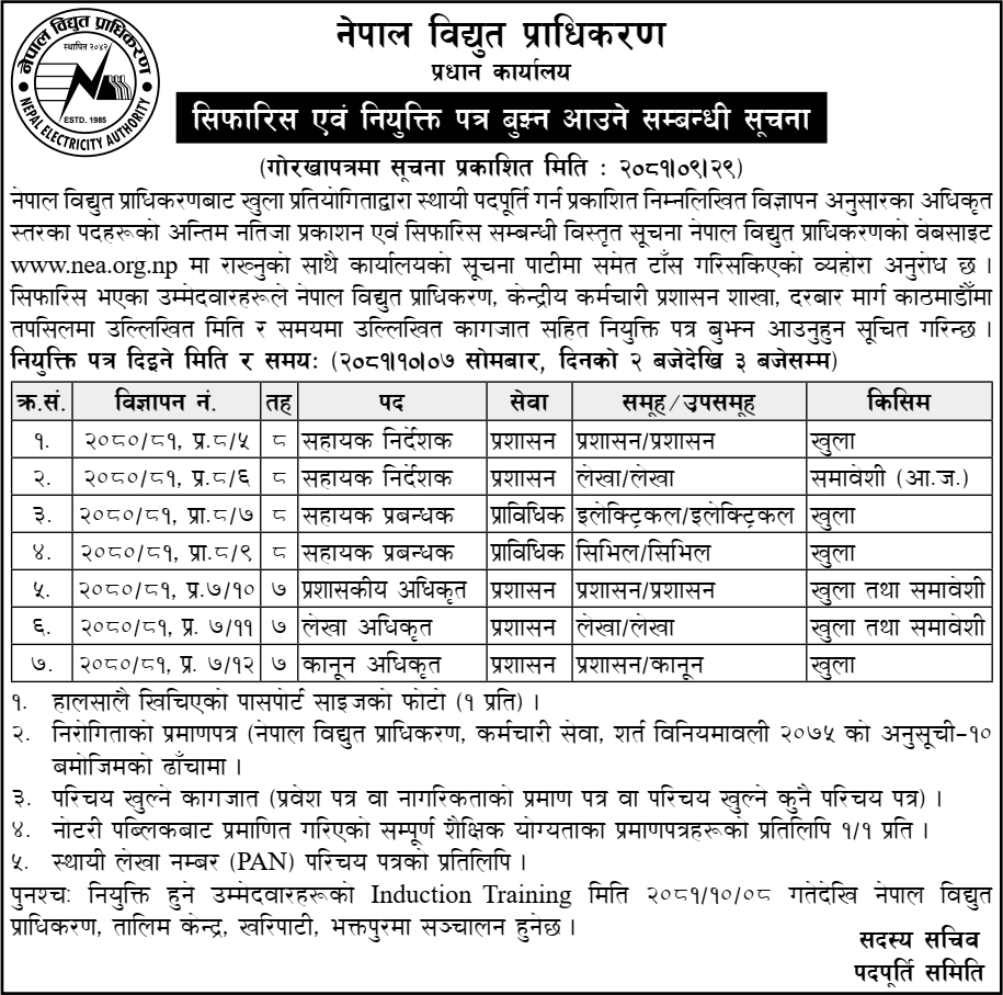 Nepal Electricity Authority (NEA) Final Result and Sifaris of 7th and 8th Level Officers 