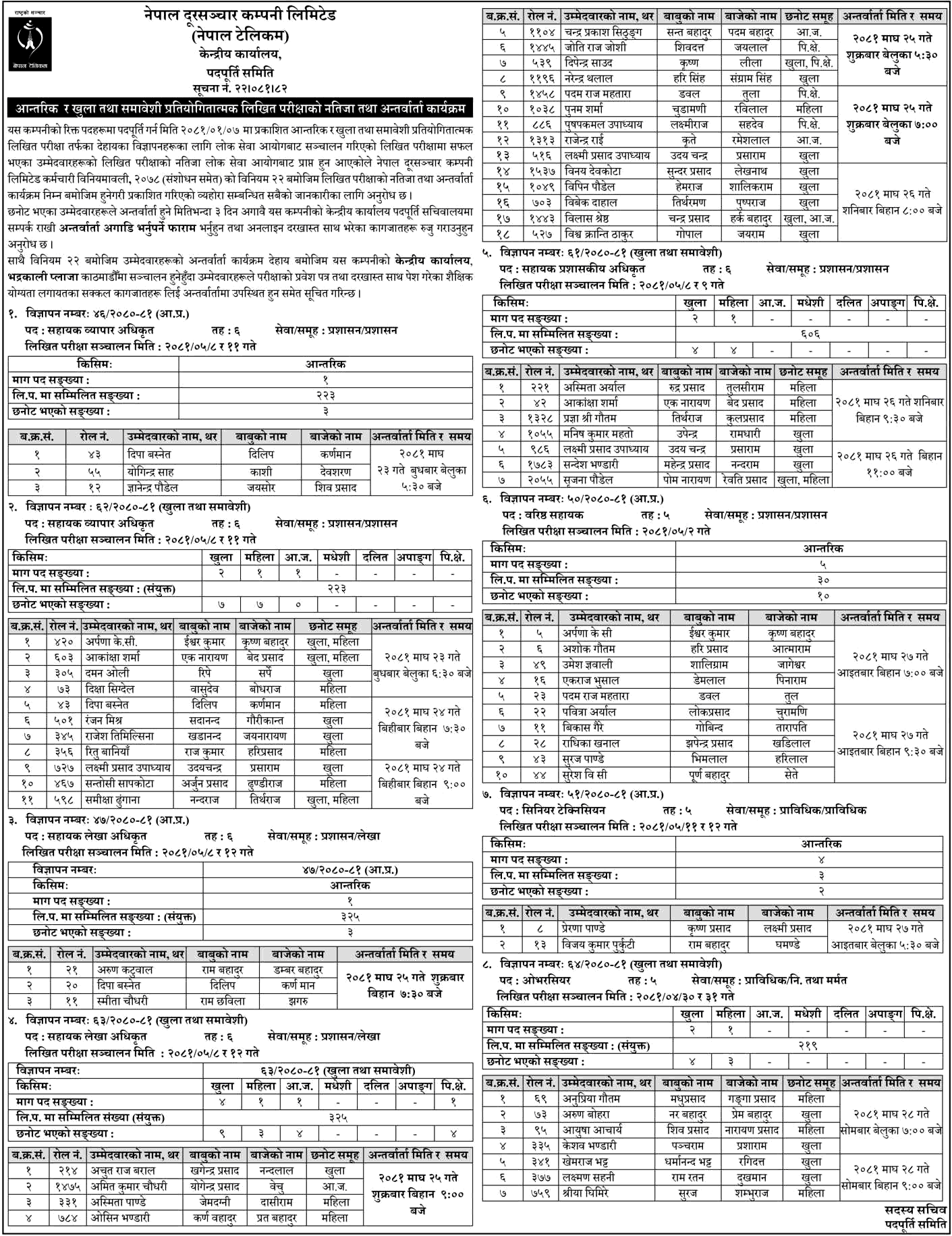 Nepal Telecom Written Exam Results and Interview Schedule 