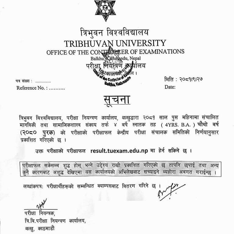 Tribhuvan University BA 4th Year Partial Exam Results 2081 