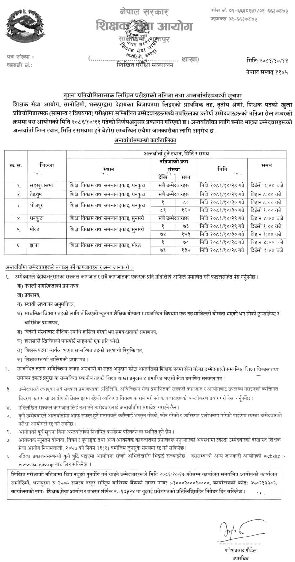 TSC Primary Level Teacher Written Exam Result 2081 Koshi (5 Districts) 