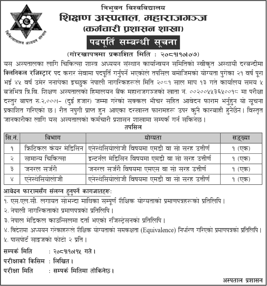 TU Teaching Hospital, Maharajgunj Vacancy for Various Positions 