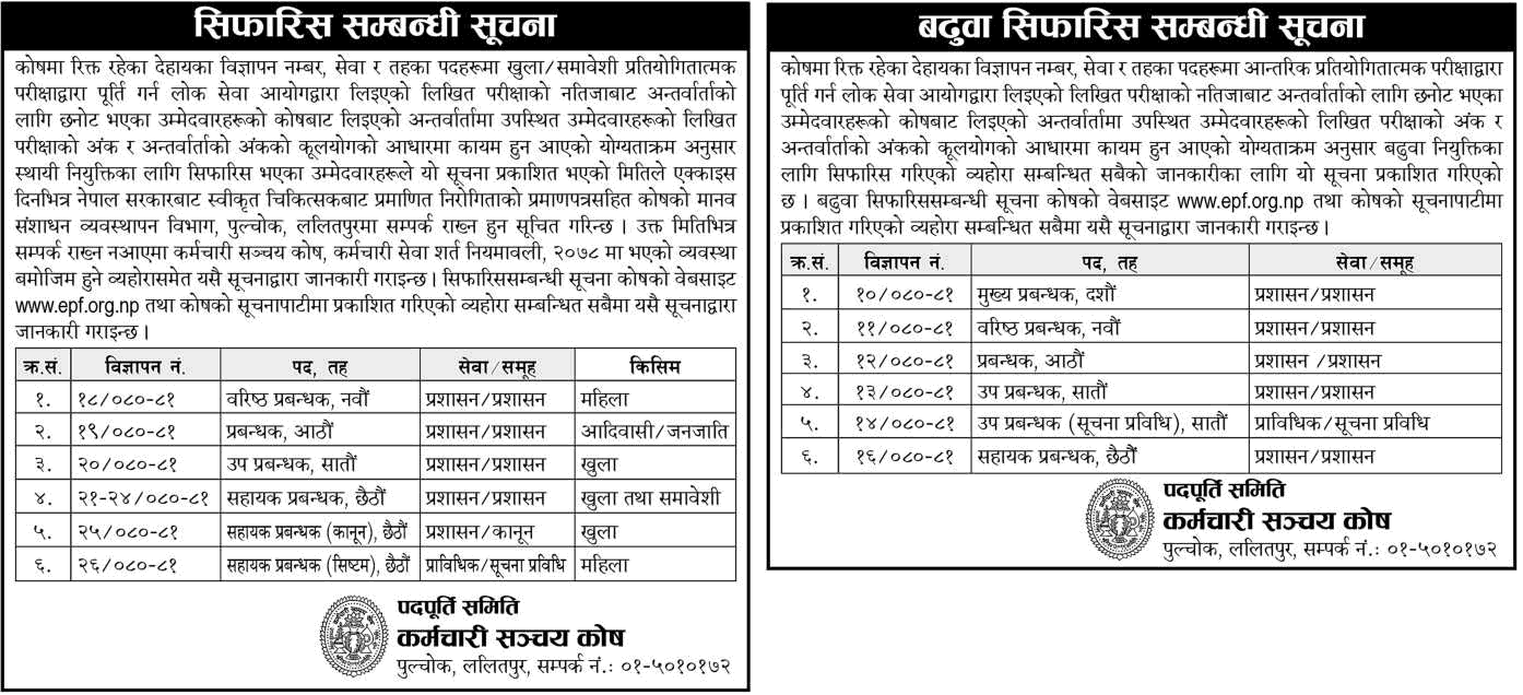 Karmachari Sanchaya Kosh Final Result and Recommendation Notice 2081 