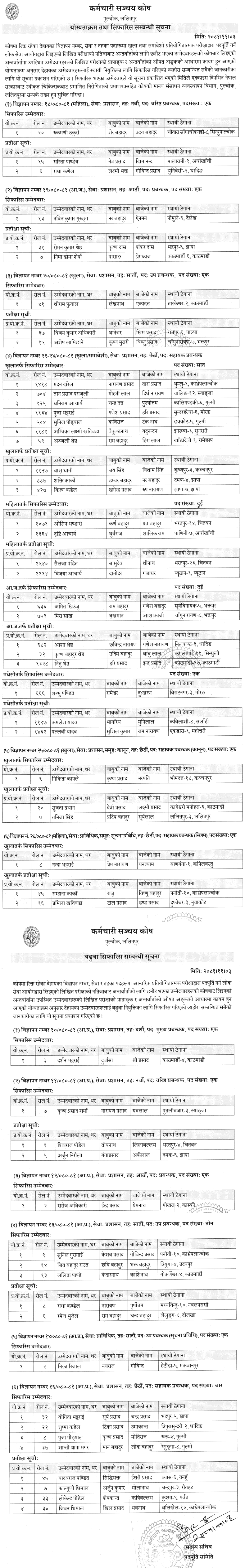 Karmachari Sanchaya Kosh Final Result and Recommendation Notice 