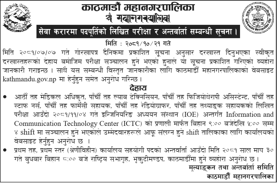 Kathmandu Metropolitan City Exam Center for Contractual Positions 