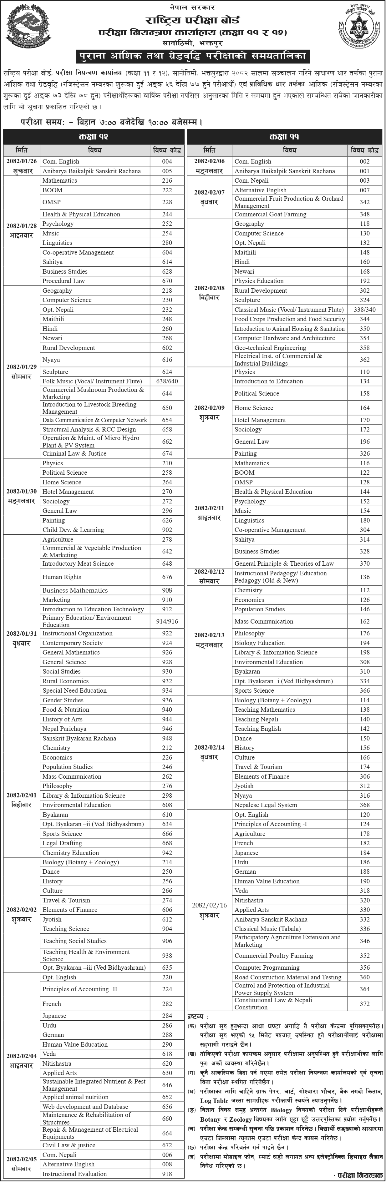 NEB Grade 11 and 12 Partial and Grade Increment Exam Routine 