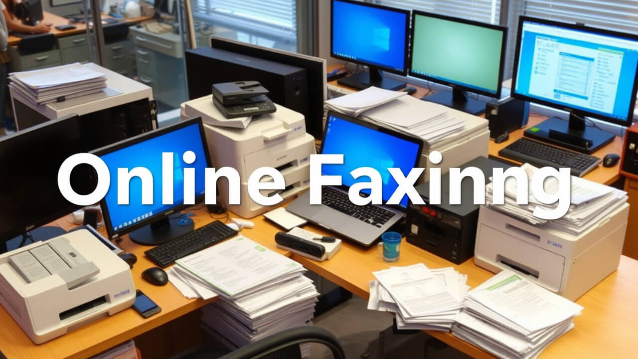 A cluttered desk featuring numerous papers and computers, illustrating the concept of online faxing in a modern workspace 