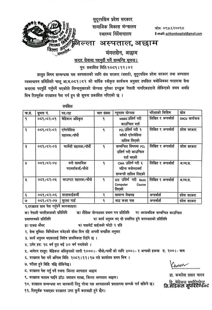 District Hospital Accham Vacancy for Various Health Services 