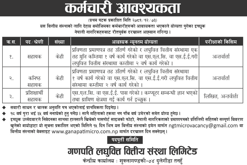 Ganapati Laghubitta Vacancy for Assistant, Junior Assistant, Trainee Assistants 