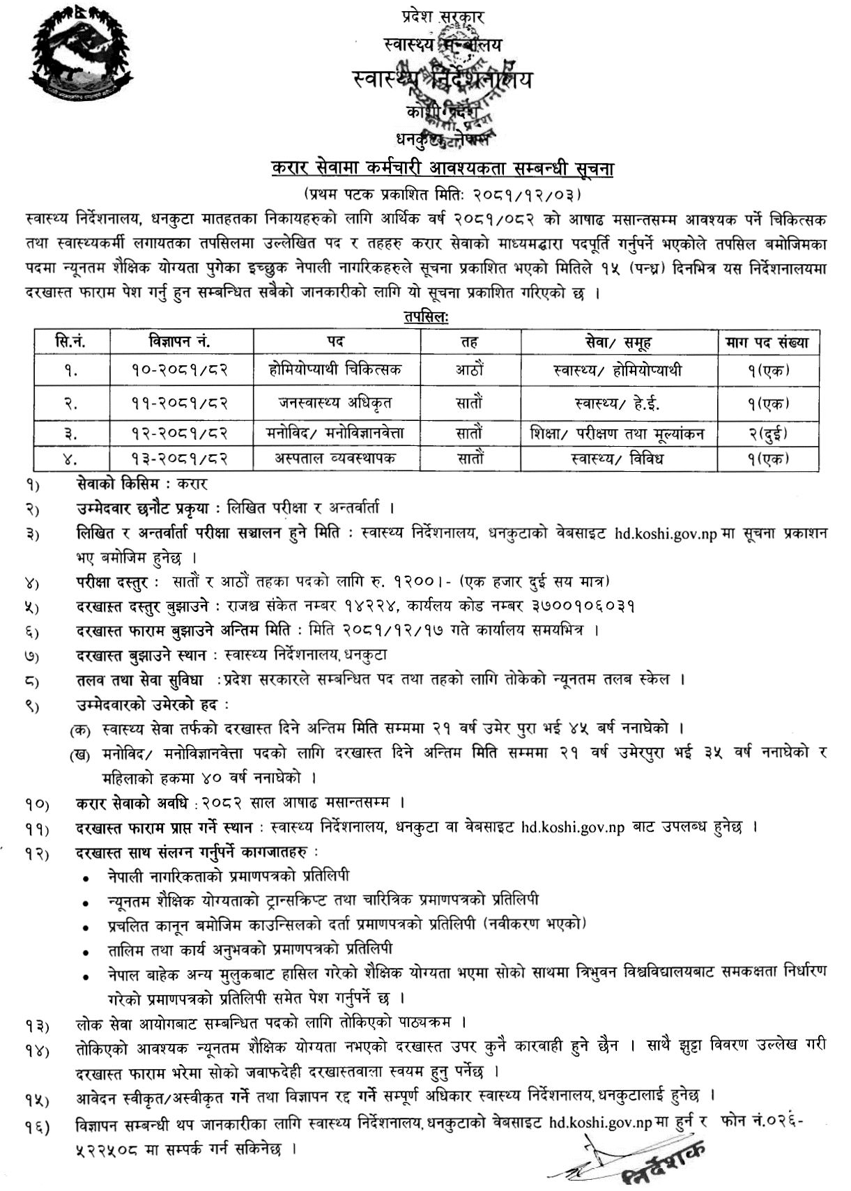 Health Directorate Koshi Province Health Job Vacancy 2081 