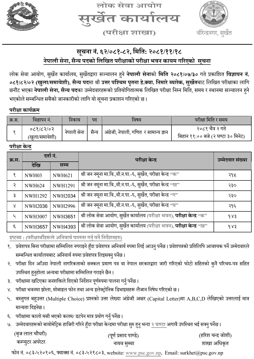 Nepal Army Sainya Post Written Exam Centers Surkhet 2081 