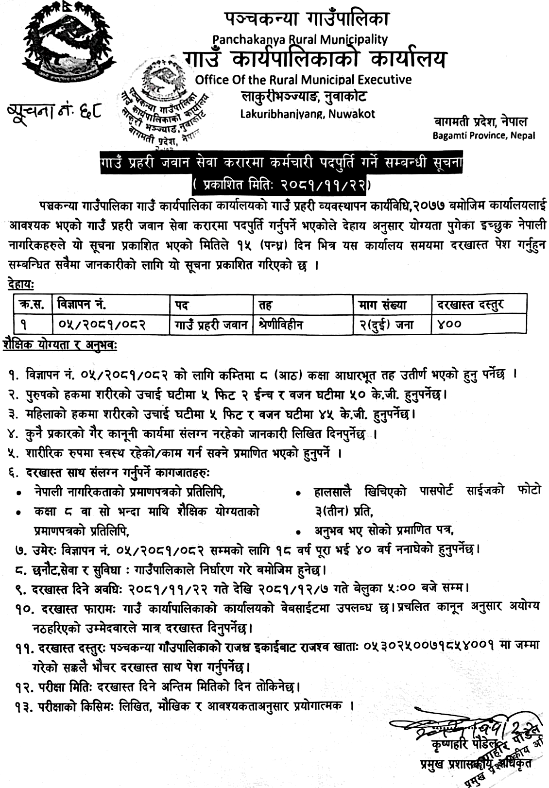 Panchakanya Rural Municipality Vacancy for Village Police 