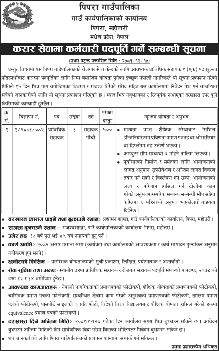 Pipara Rural Municipality Vacancy for Technical Assistant 2081 