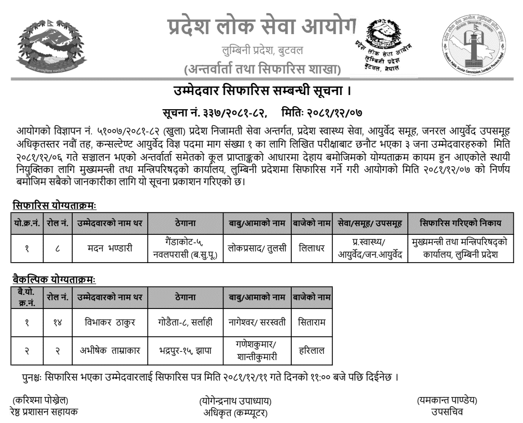 PPSC Lumbini Recommendation Notice for Consultant Ayurveda 