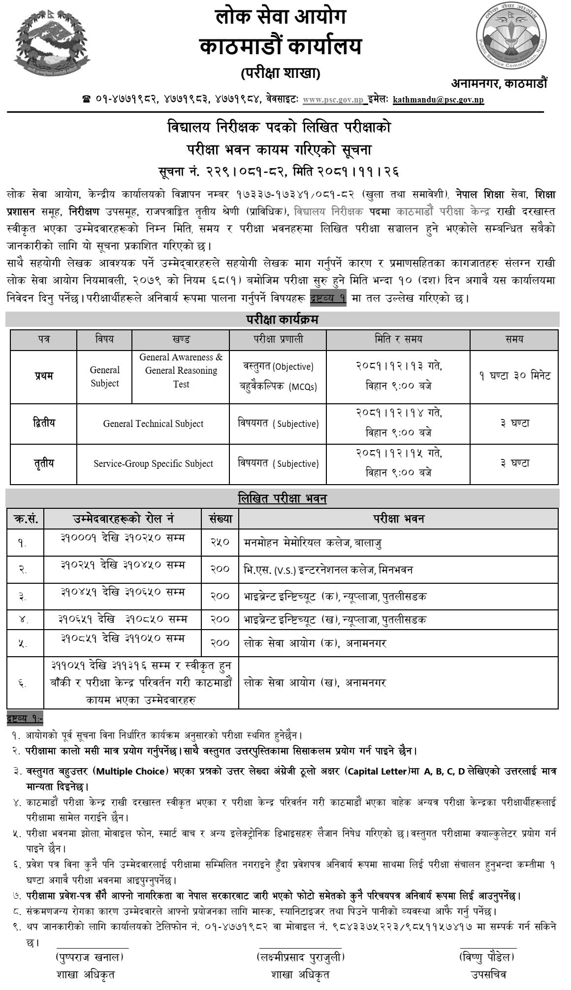 PSC School Inspectors Exam Centers in Kathmandu 2081 