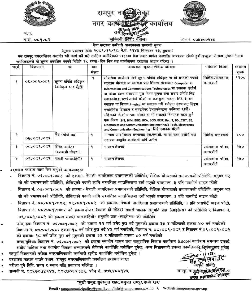 Rampur Municipality Vacancy Notice for Various Positions 