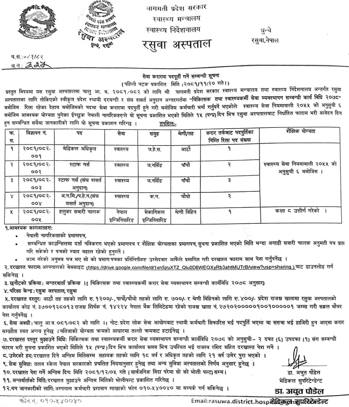 Rasuwa Hospital Vacancy for MO, Nurse, ANM, Driver 