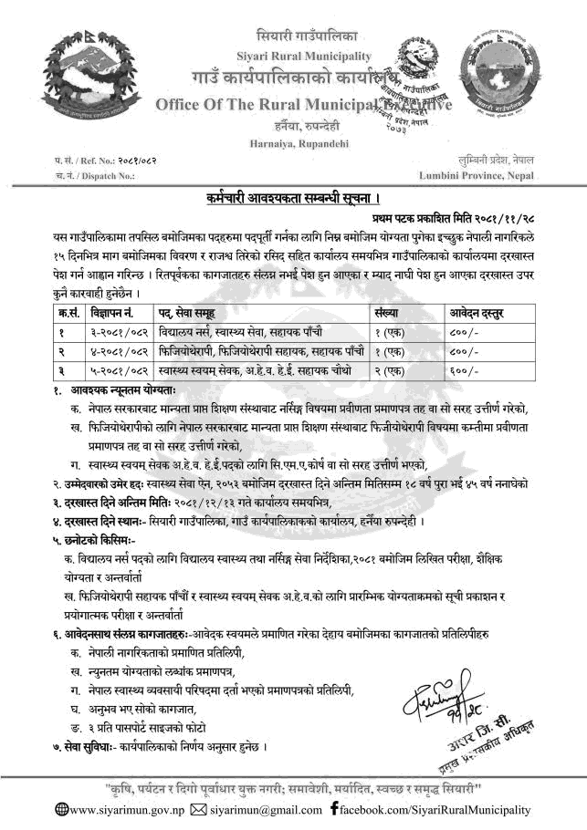 Siyari Rural Municipality Staff Requirement Notice 2081 