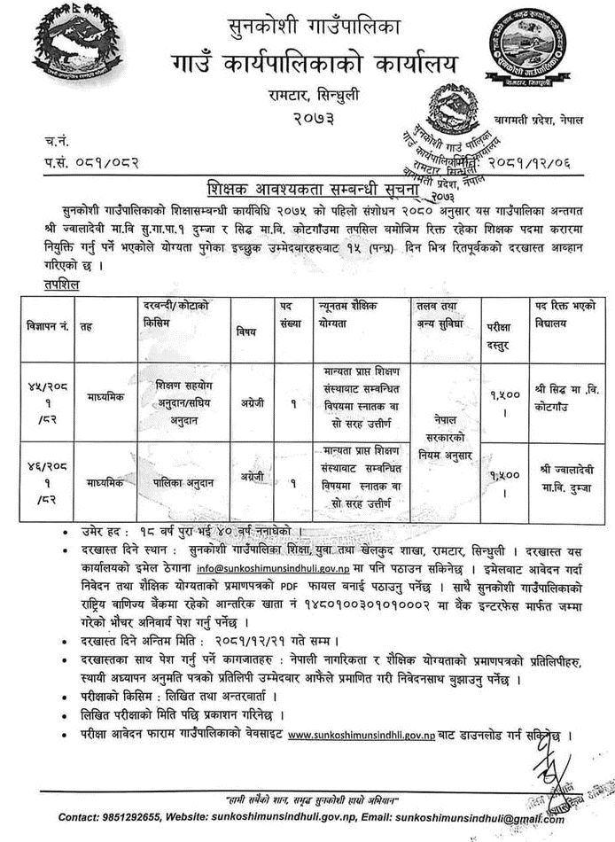 Teacher Vacancy in Sunkoshi Rural Municipality 2081 