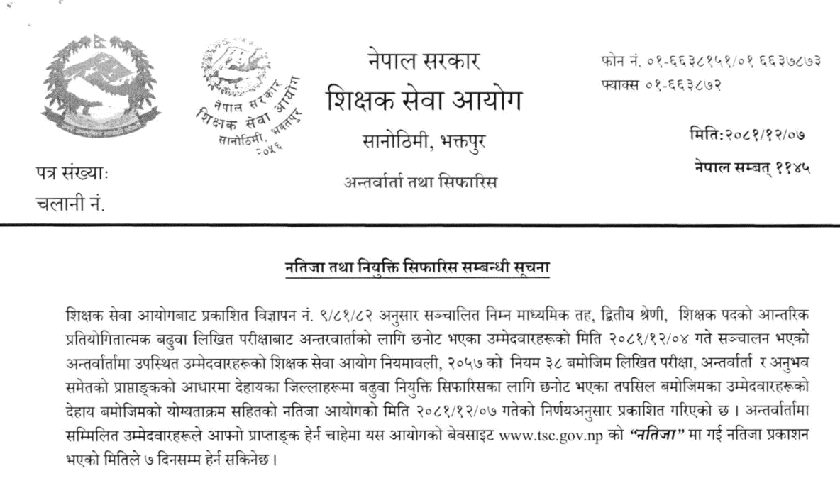 Teachers Service Commission NiMaVi Promotion Result 2081 